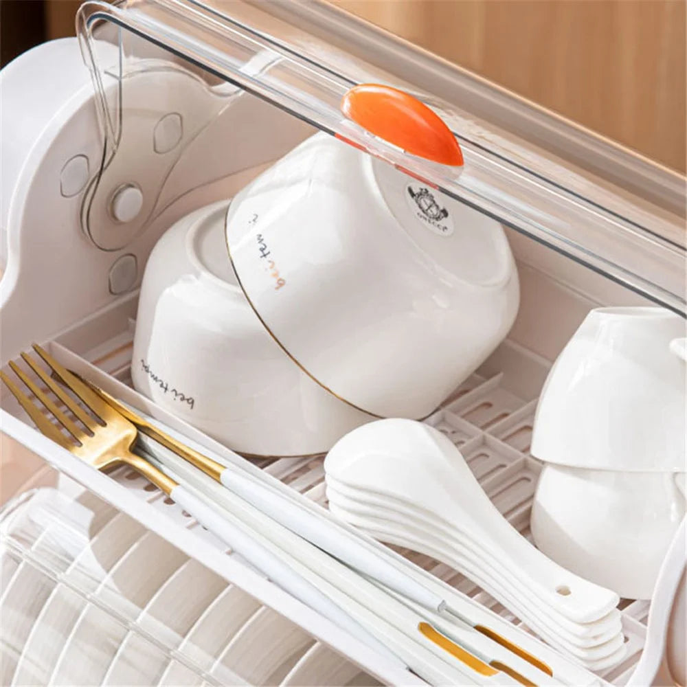 F922-2 Double-Layer Cupboard PP+PET Tableware Drainer Storage Box Dish Chopsticks Drying Rack with Lid - White - 3