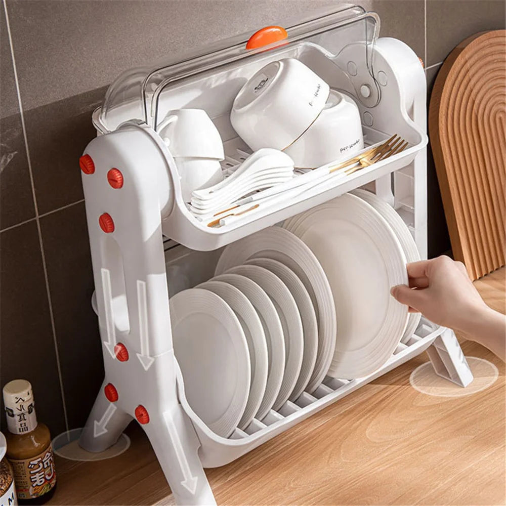 F922-2 Double-Layer Cupboard PP+PET Tableware Drainer Storage Box Dish Chopsticks Drying Rack with Lid - White - 4