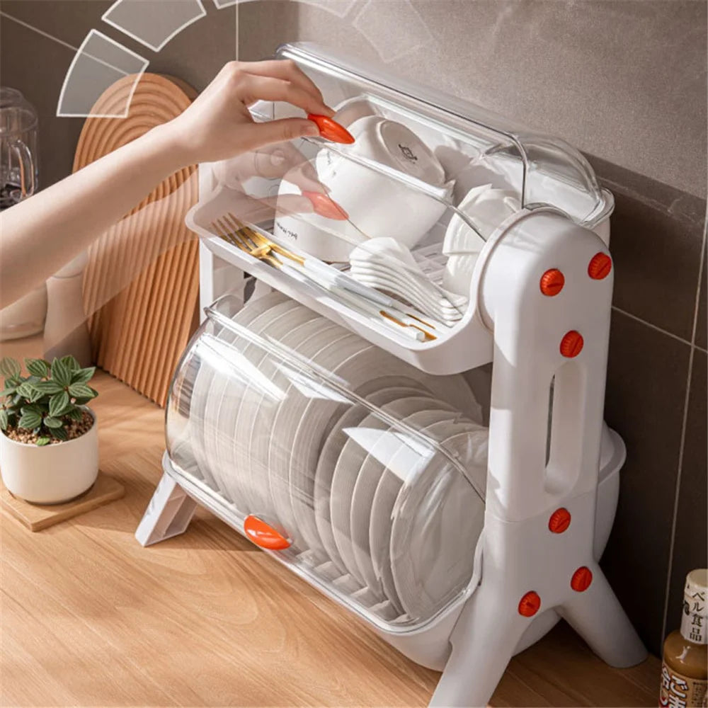 F922-2 Double-Layer Cupboard PP+PET Tableware Drainer Storage Box Dish Chopsticks Drying Rack with Lid - White - 6