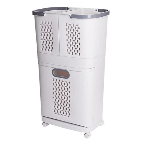 F867 PP Laundry Basket Dual Layer Standing Cloth Basket with Rolling Wheel - 1