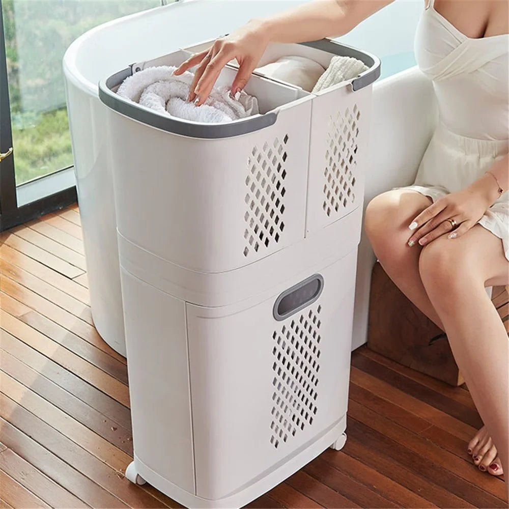 F867 PP Laundry Basket Dual Layer Standing Cloth Basket with Rolling Wheel - 2