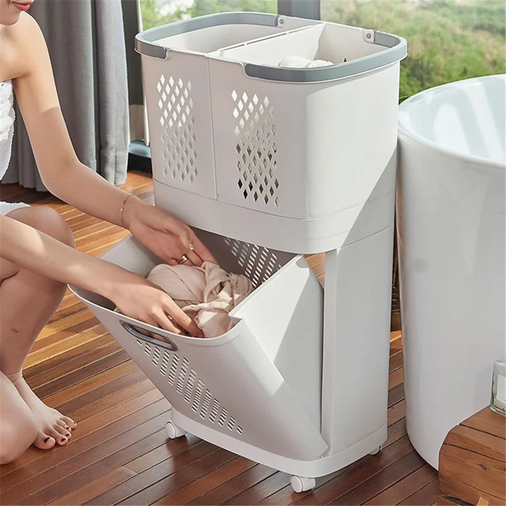 F867 PP Laundry Basket Dual Layer Standing Cloth Basket with Rolling Wheel - 3