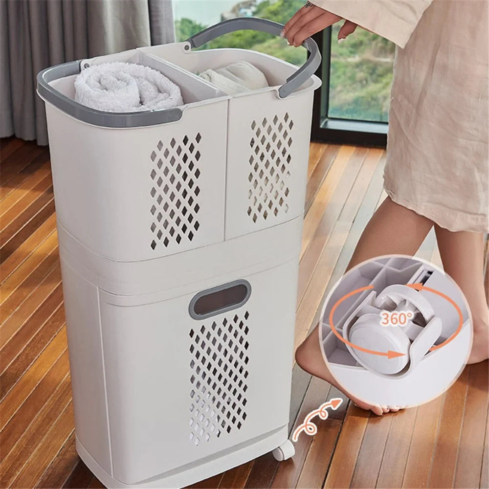 F867 PP Laundry Basket Dual Layer Standing Cloth Basket with Rolling Wheel - 4