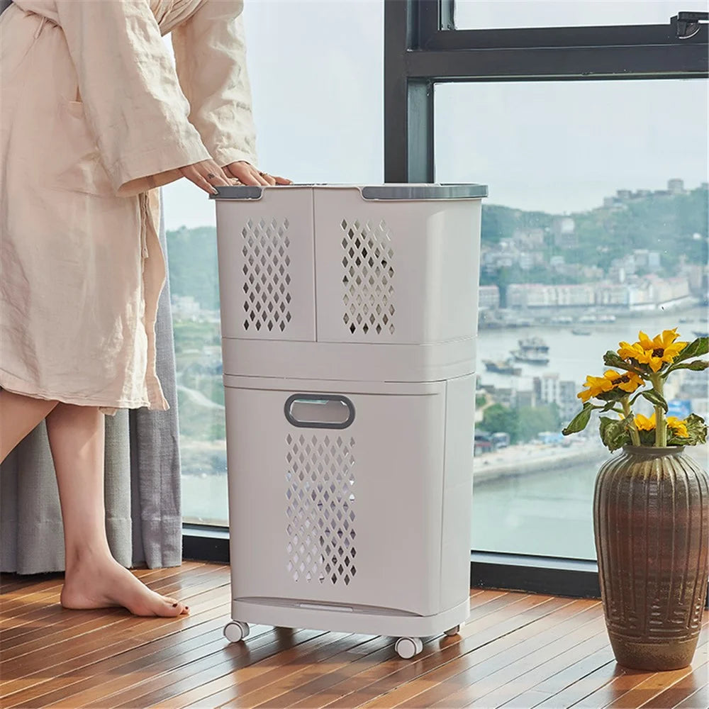 F867 PP Laundry Basket Dual Layer Standing Cloth Basket with Rolling Wheel - 7