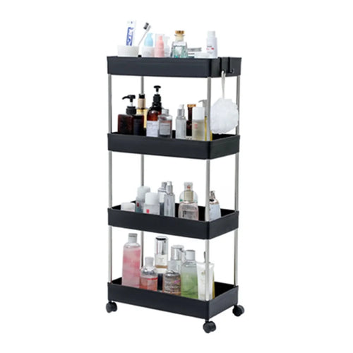 4 Tier Wide Type Trolley Cart Rolling Utility Cart Mobile Storage Shelving Organizer for Bathroom - Black - 1