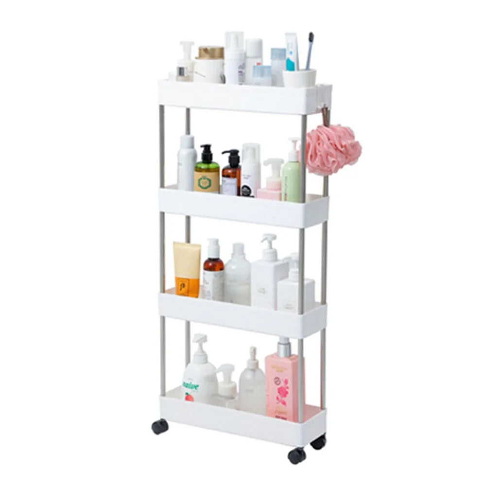 4 Tier Narrow Type PP + Stainless Steel Bathroom Storage Rack with Wheels Rolling Organizer Shelf - White - 1