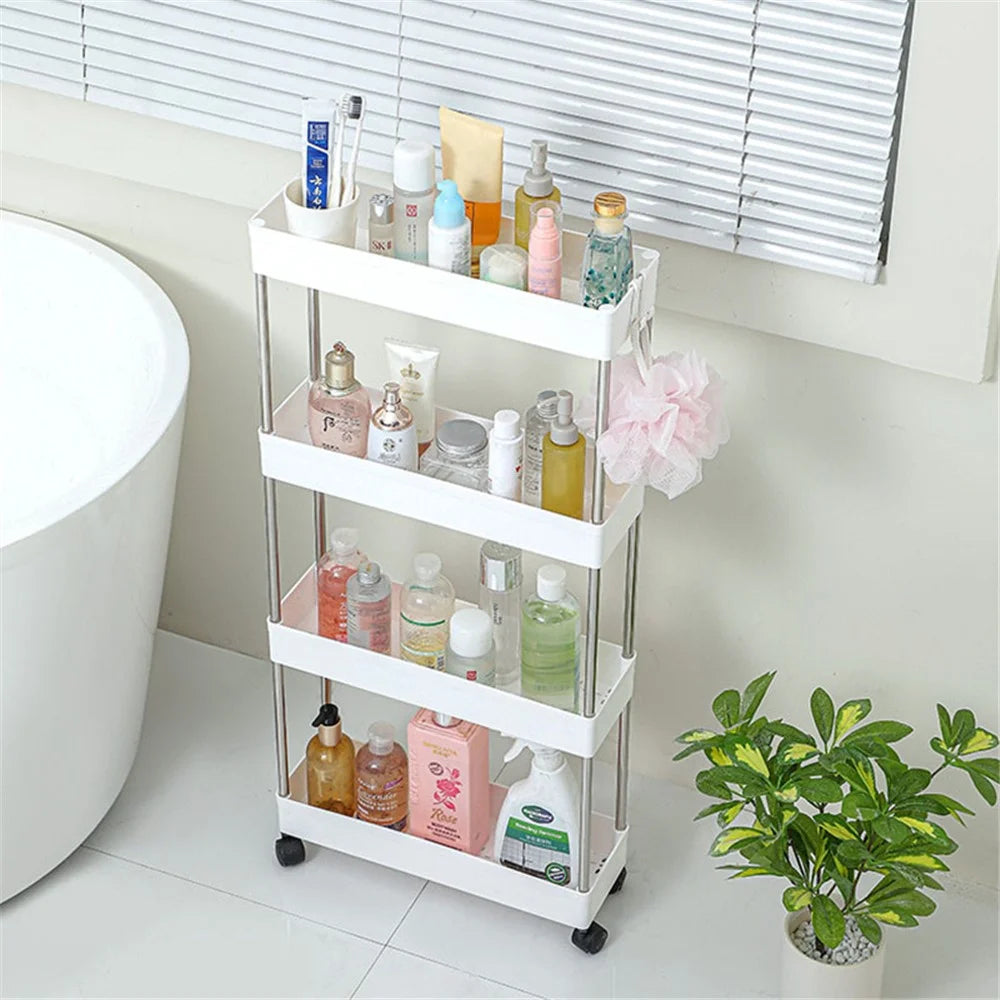 4 Tier Narrow Type PP + Stainless Steel Bathroom Storage Rack with Wheels Rolling Organizer Shelf - White - 2