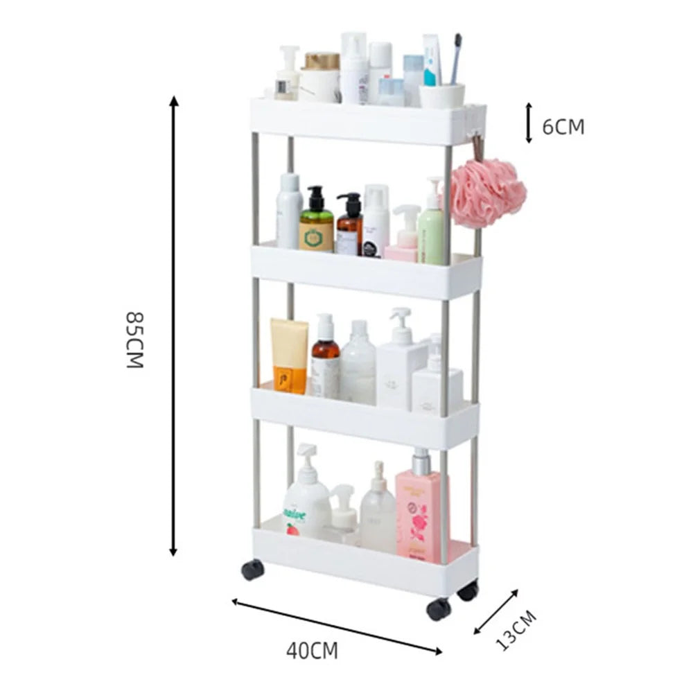 4 Tier Narrow Type PP + Stainless Steel Bathroom Storage Rack with Wheels Rolling Organizer Shelf - White - 6