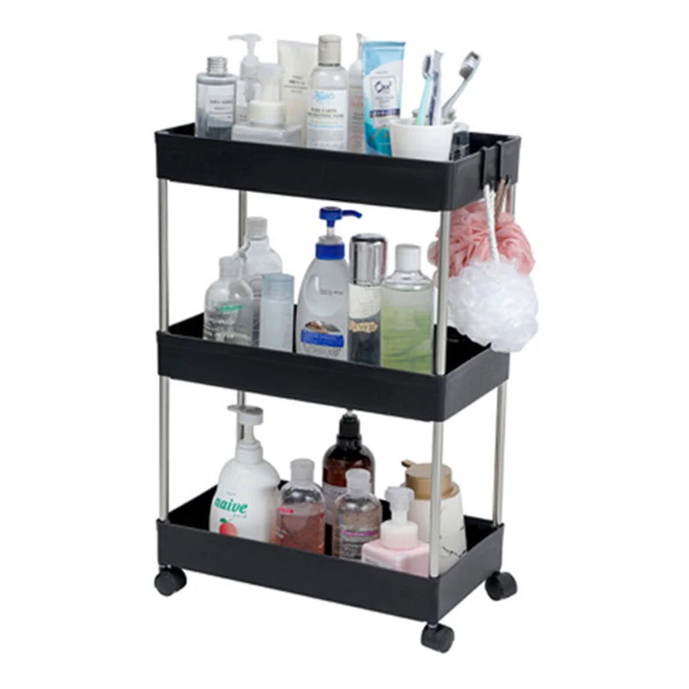 3 Tier Wide Type Bathroom Storage Rack with Wheels PP + Stainless Steel Trolley Cart Shelving Organizer - Black - 1