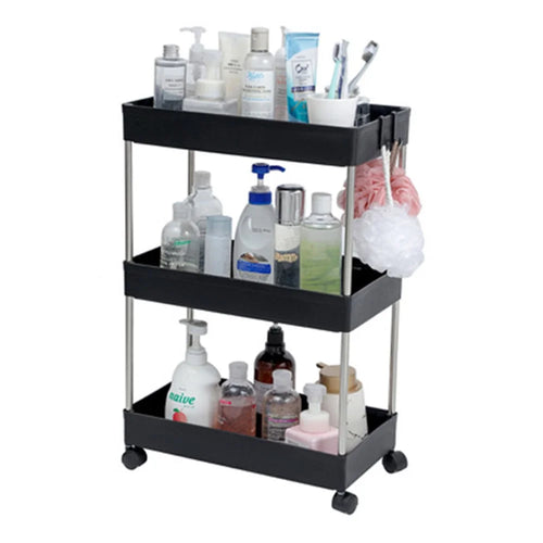 3 Tier Wide Type Bathroom Storage Rack with Wheels PP + Stainless Steel Trolley Cart Shelving Organizer - Black - 1