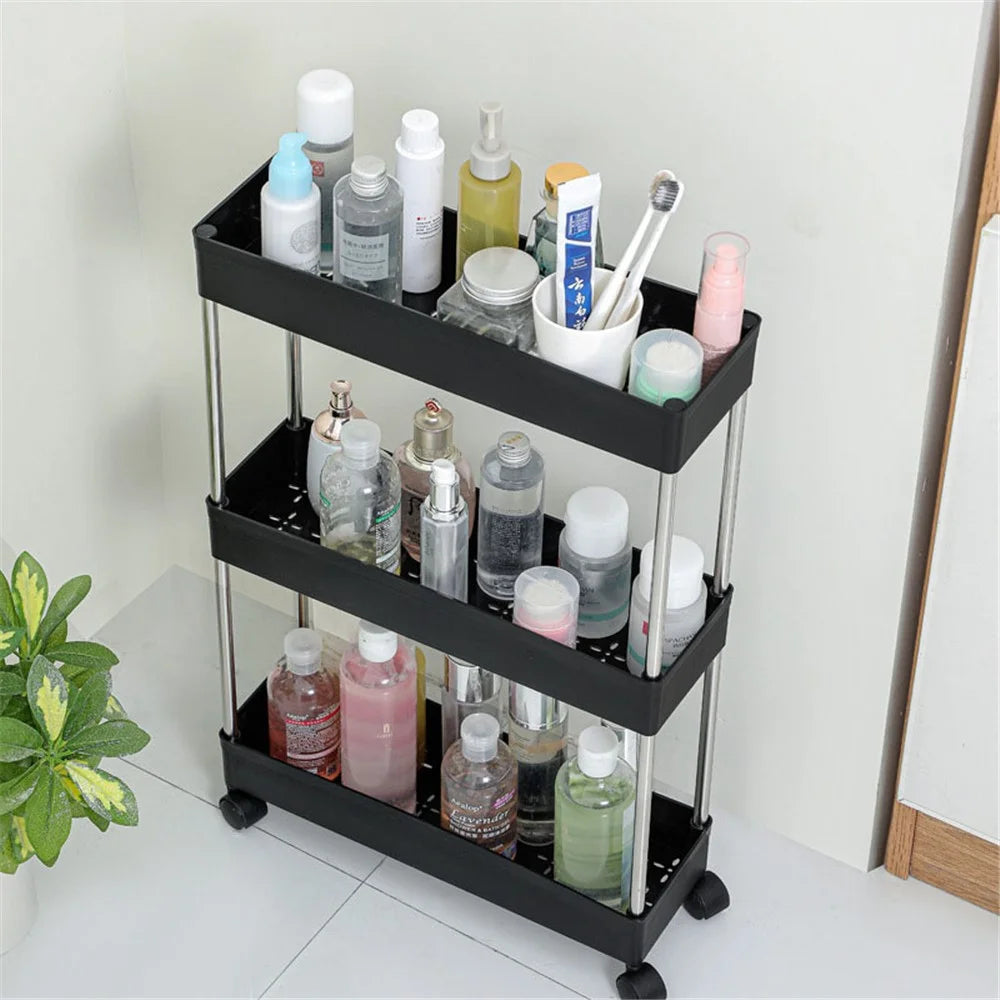 3 Tier Wide Type Bathroom Storage Rack with Wheels PP + Stainless Steel Trolley Cart Shelving Organizer - Black - 2