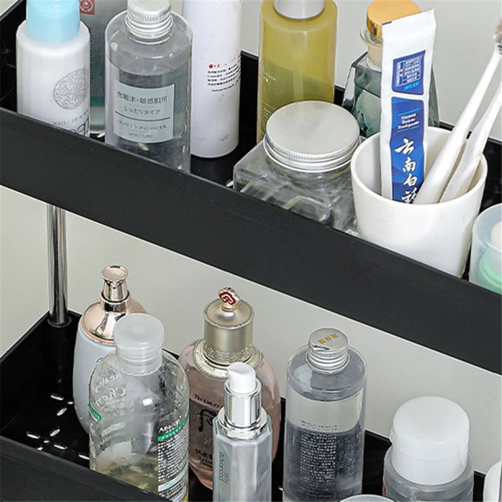3 Tier Wide Type Bathroom Storage Rack with Wheels PP + Stainless Steel Trolley Cart Shelving Organizer - Black - 3