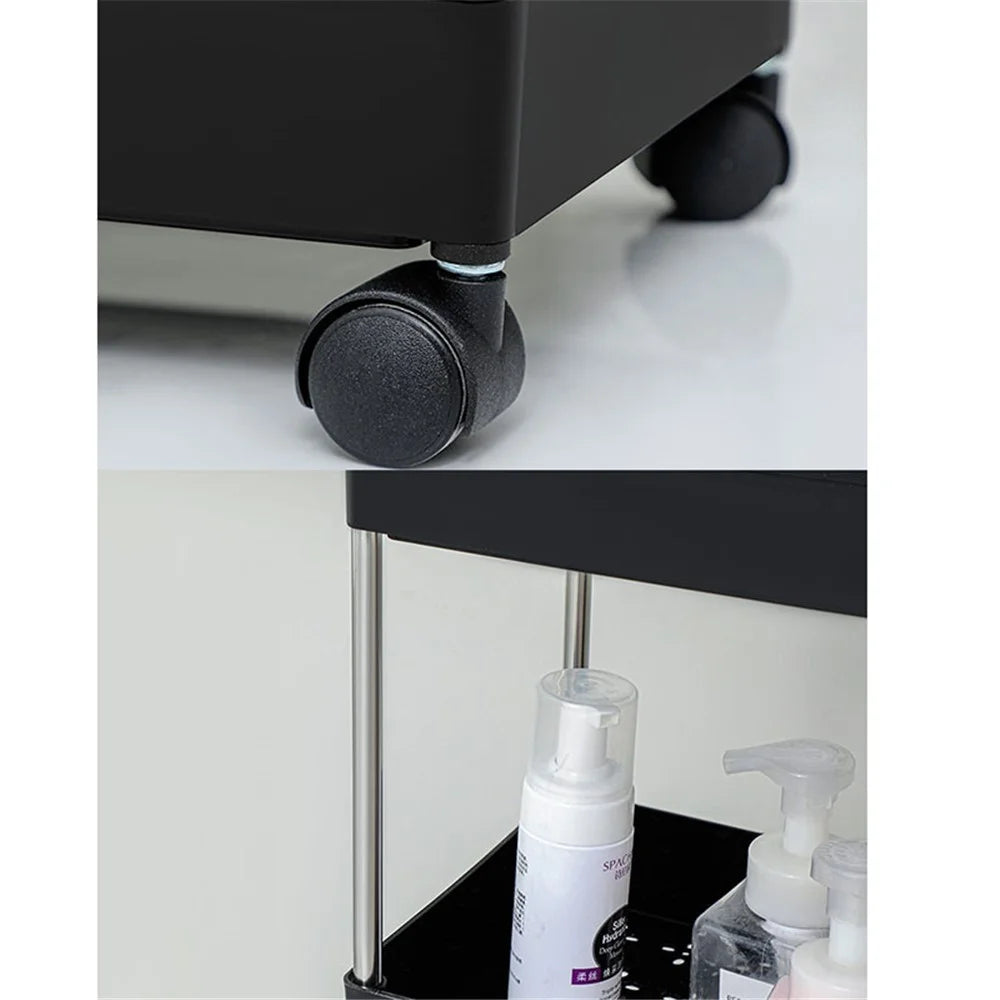3 Tier Wide Type Bathroom Storage Rack with Wheels PP + Stainless Steel Trolley Cart Shelving Organizer - Black - 5