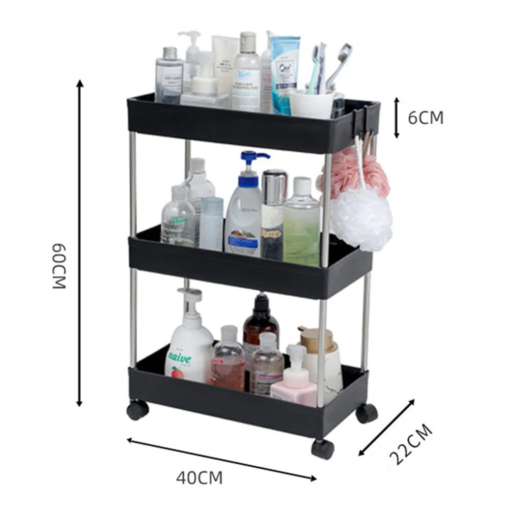 3 Tier Wide Type Bathroom Storage Rack with Wheels PP + Stainless Steel Trolley Cart Shelving Organizer - Black - 6