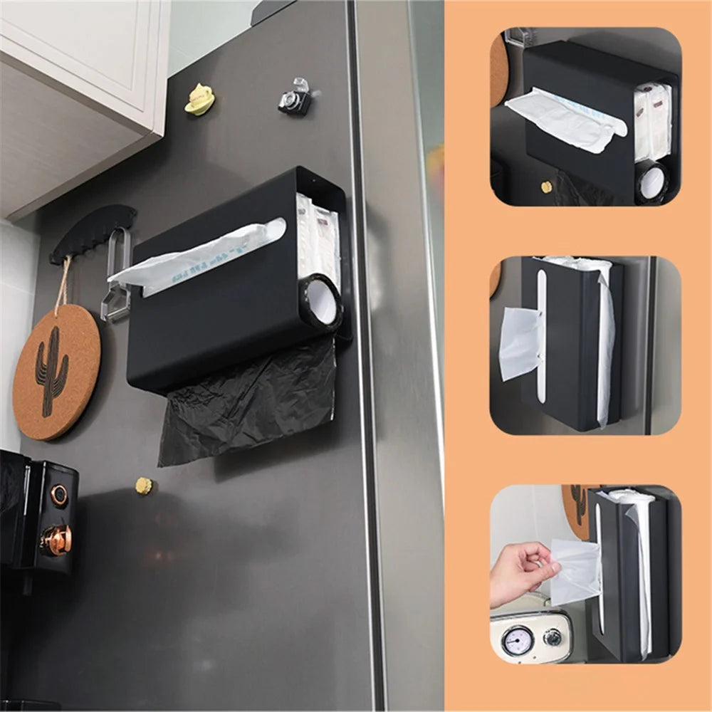 Magnetic Punching-Free Kitchen Tissue Paper Dispenser Carbon Steel Trash Bag Holder Storage Box - White - 2