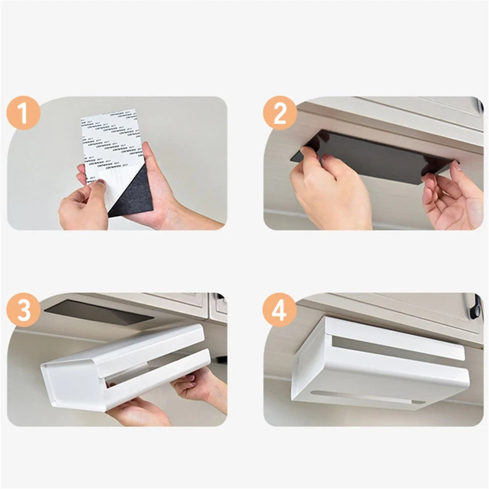 Magnetic Punching-Free Kitchen Tissue Paper Dispenser Carbon Steel Trash Bag Holder Storage Box - White - 6