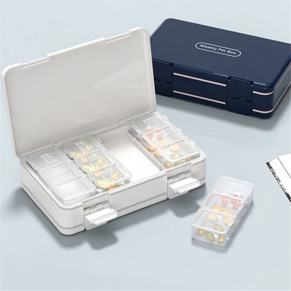 24 Grids Dual Layer Weekly Pill Box 7 Day 3 Times Portable Pill Box Organizer Dispenser (No FDA Certified, BPA-Free) - Navy Blue - 2