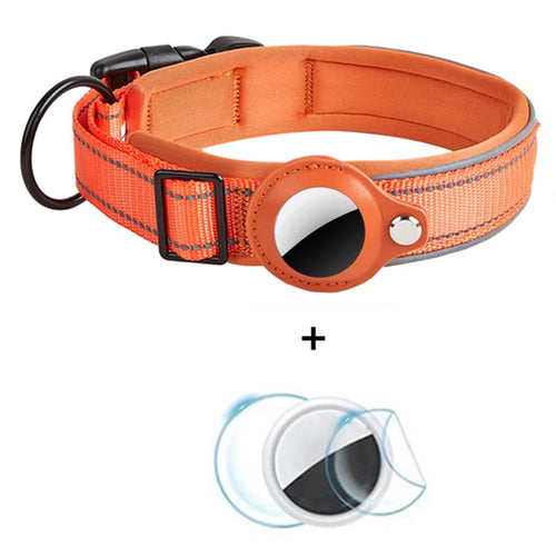 Reflective PU Leather Pet Dog Collar for AirTag Bluetooth-compatible Tracker Holder Case, Size: L - Orange - 1