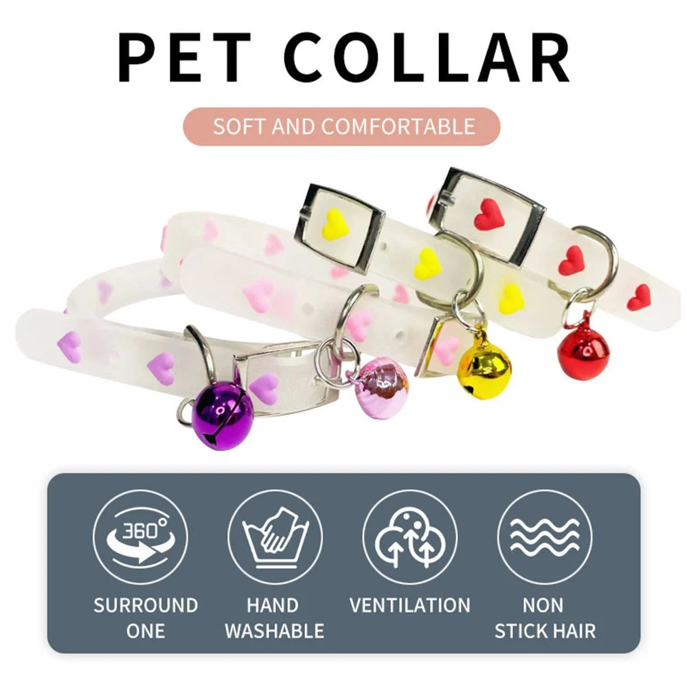 Cat Silicone Collar with Leather Case for AirTag Tracker, Pet Neck Strap with Bell - Heart - 3