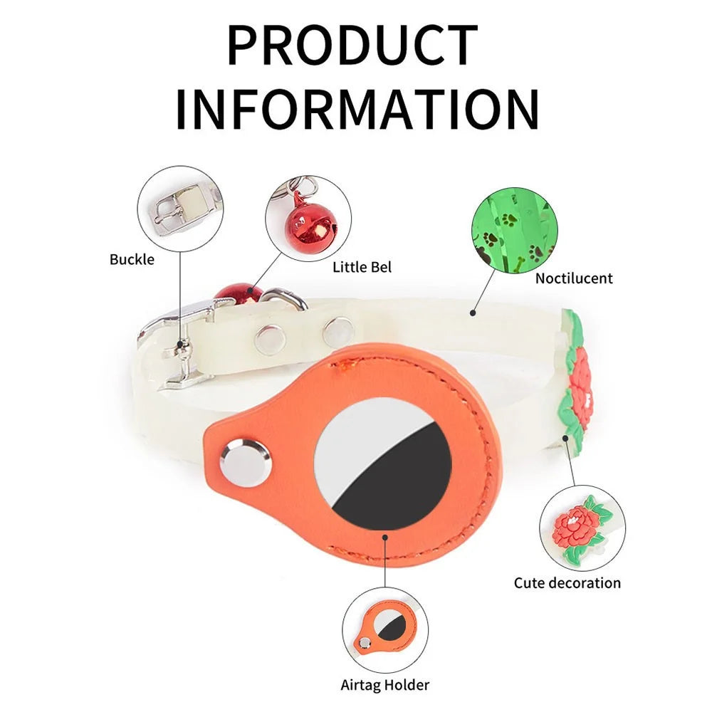 Cat Silicone Collar with Leather Case for AirTag Tracker, Pet Neck Strap with Bell - Heart - 6