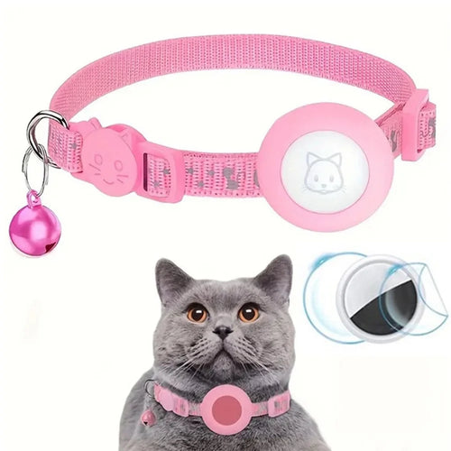 Reflective Nylon Pet Collar with Silicone Case for AirTag Bluetooth-compatible Tracker Protective Film - Pink - 1