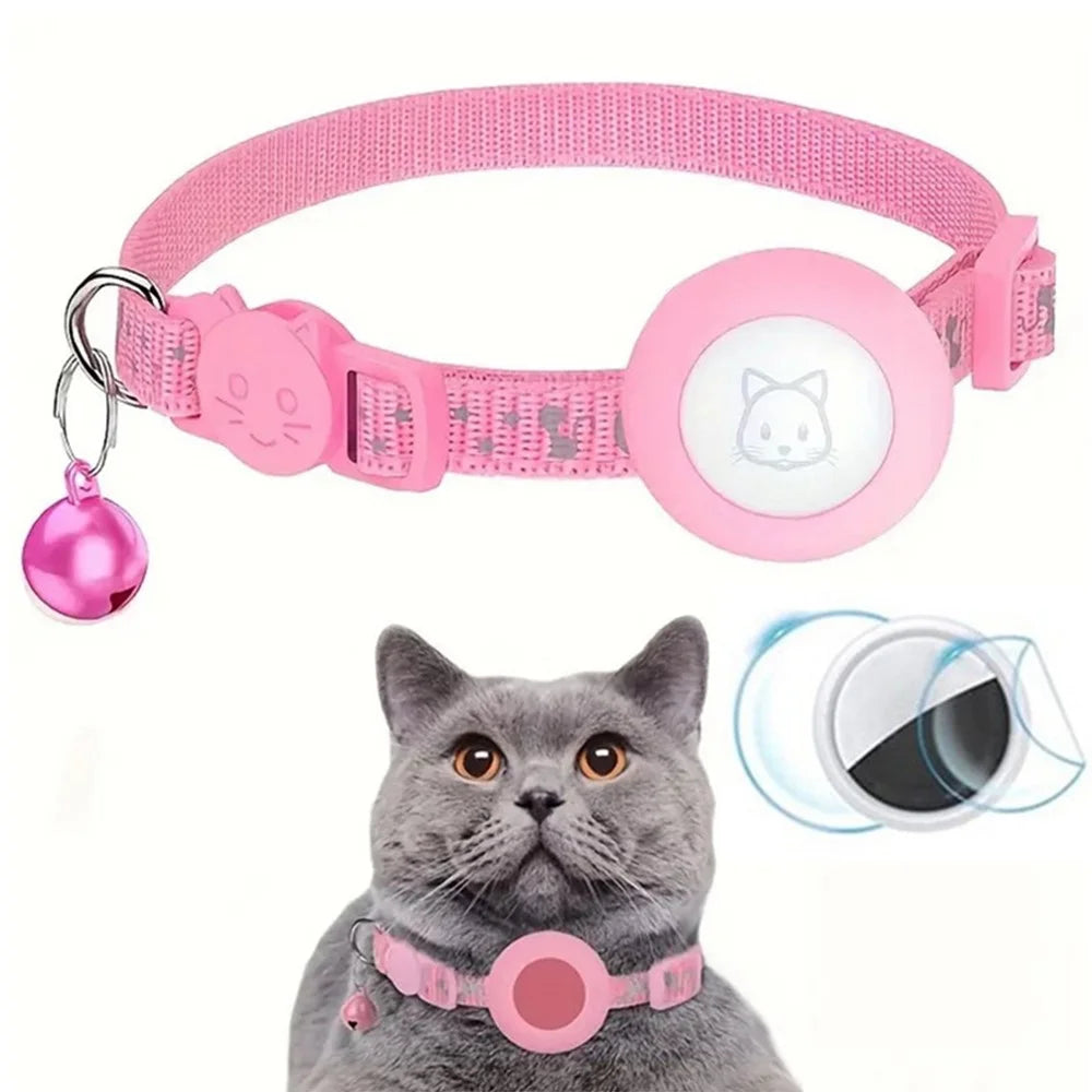 Reflective Nylon Pet Collar with Silicone Case for AirTag Bluetooth-compatible Tracker Protective Film - Pink - 1