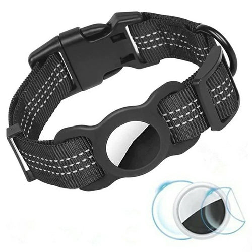 Reflective Nylon Pet Dog Collar for AirTag Bluetooth-compatible Tracker Silicone Case, Size: M - Black - 1