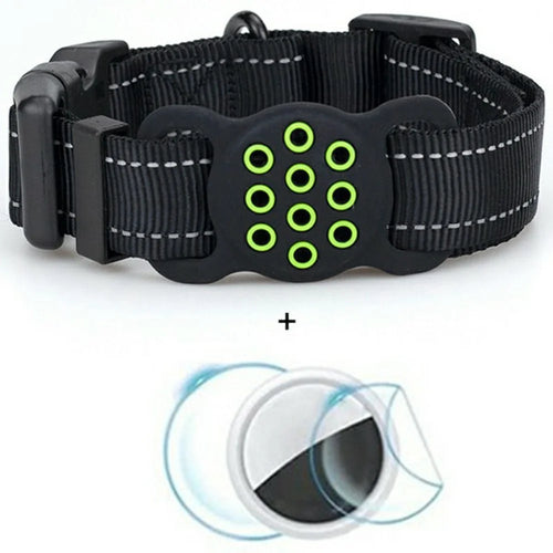 Reflective Nylon Dog Collar for AirTag Tracker Colorful Silicone Case with Protective Film, Size: L - Black - 1