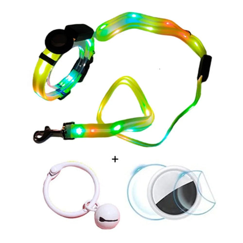 For AirTag Tracker Protective Case Set, LED Pet Collar with Rope, Bell, Film (M Size) - Yellow - 1