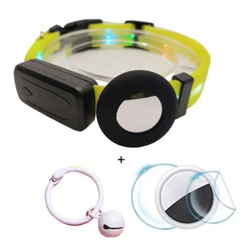 For AirTag Tracker Luminous Pet Collar Set with Silicone Case, Bell, Screen Protectors (M Size) - Yellow - 1