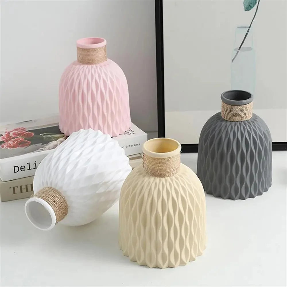 Water Ripple Design PP Vase Artificial Flower Container Home Office Decoration - Beige - 7