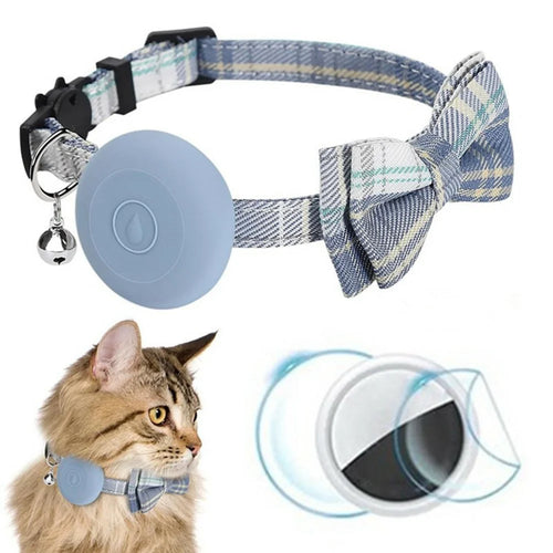 For AirTag Bluetooth-compatible Tracker Anti Drop Silicone Case Bow Decor Pet Collar with Protective Film - Denim Blue - 1