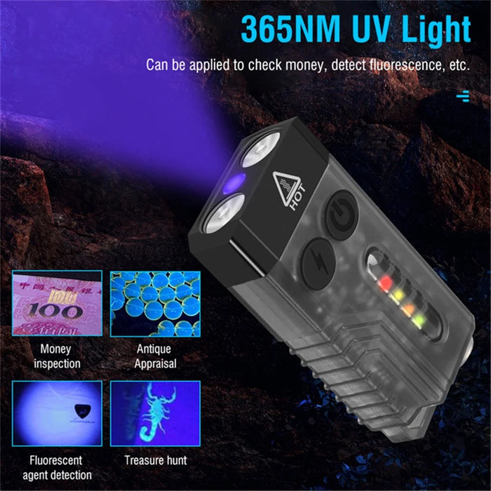 V10 Mini EDC Flashlight Multifunction 365nm UV Identification Work Light with Warning Alarm - Transparent Black - 3