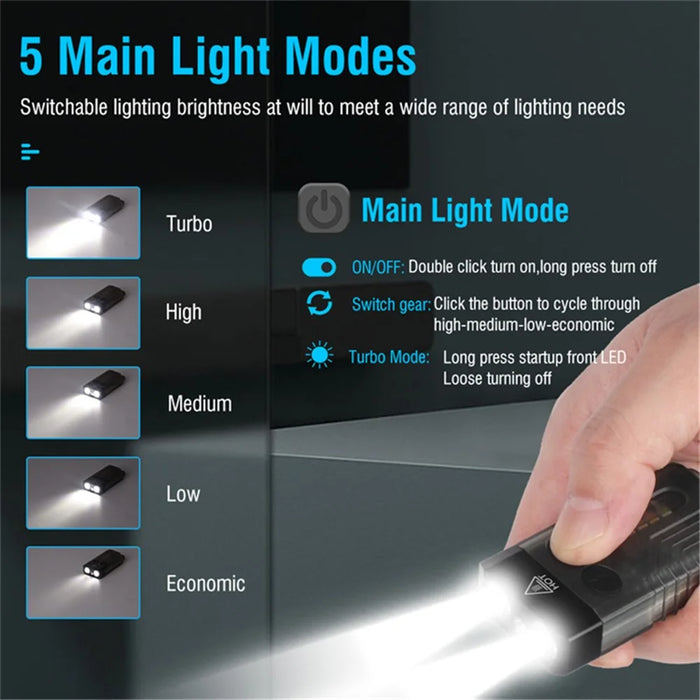 V10 Mini EDC Flashlight Multifunction 365nm UV Identification Work Light with Warning Alarm - Transparent Black - 7