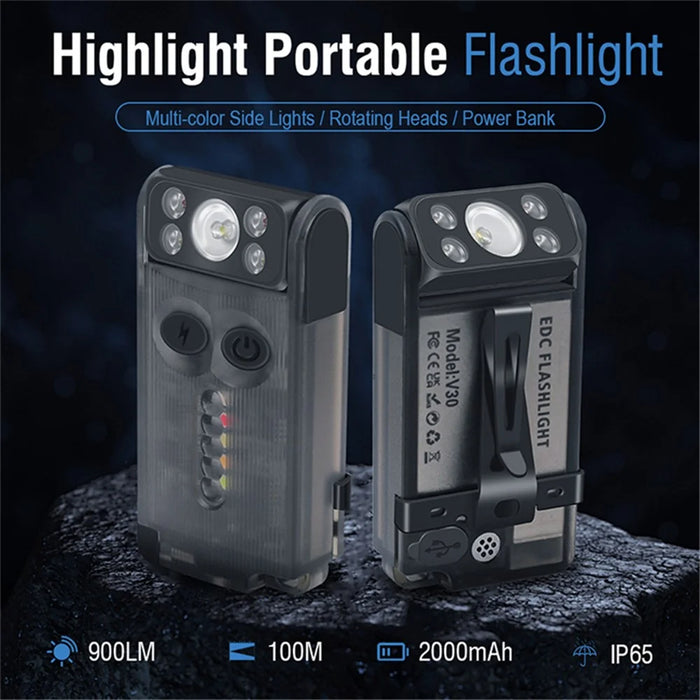 V30 Rechargeable Flashlight Power Bank 180 Degree Adjustable Work Light with Sound / Light Alarm - Transparent Black - 4