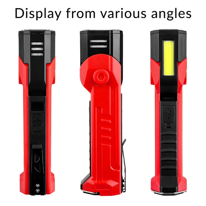 XTE + COB Dual Light Source Flashlight 180 Degree Rotatable Magnetic Work Light with Clip - Red - 2
