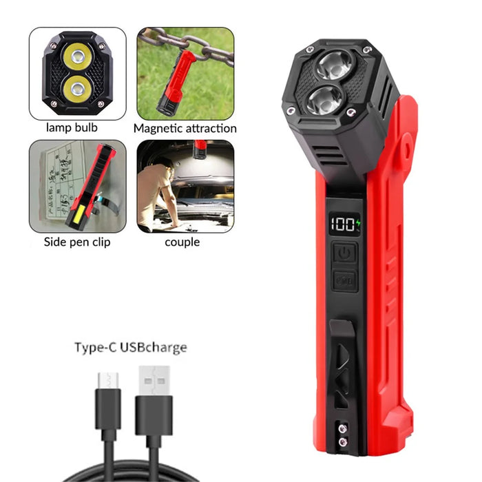 XTE + COB Dual Light Source Flashlight 180 Degree Rotatable Magnetic Work Light with Clip - Red - 3