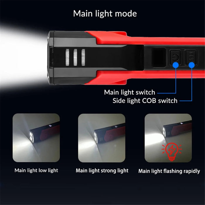 XTE + COB Dual Light Source Flashlight 180 Degree Rotatable Magnetic Work Light with Clip - Red - 5