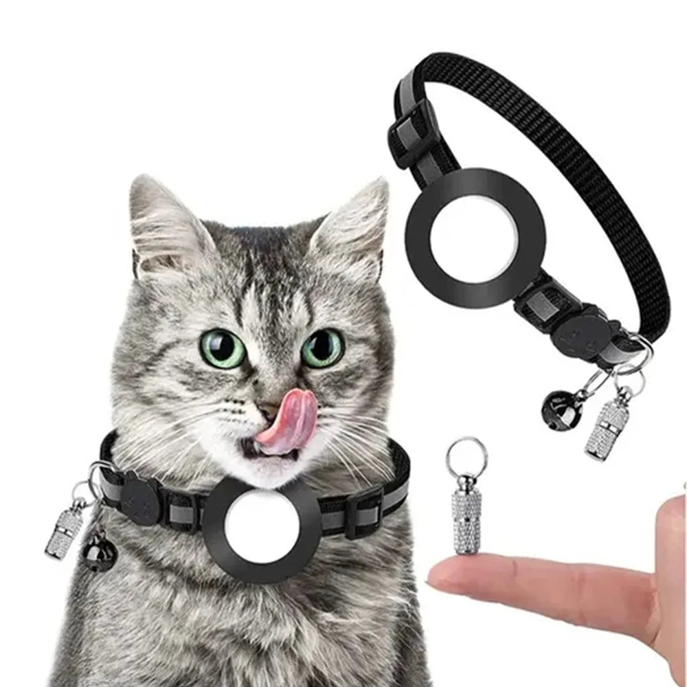 For AirTag Tracker Reflective Pet Collar Silicone Protective Case with ID Address Tag - Black - 1