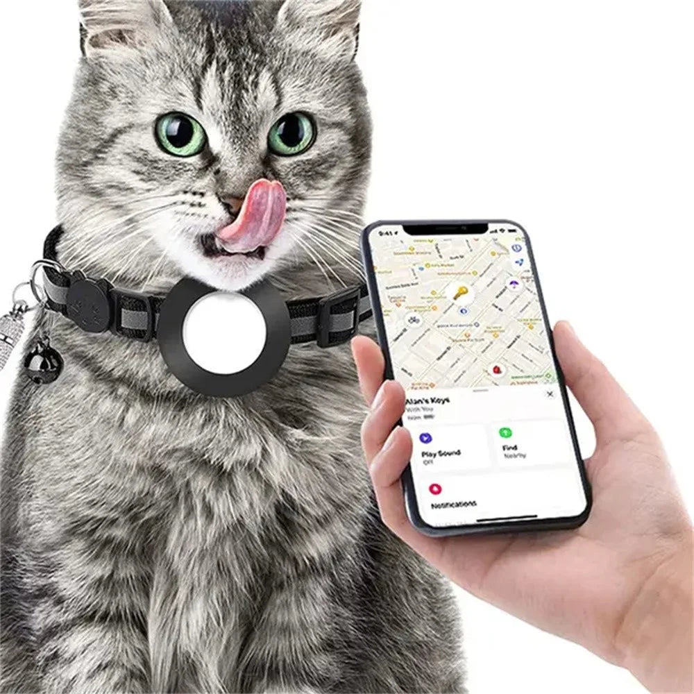 For AirTag Tracker Reflective Pet Collar Silicone Protective Case with ID Address Tag - Black - 2