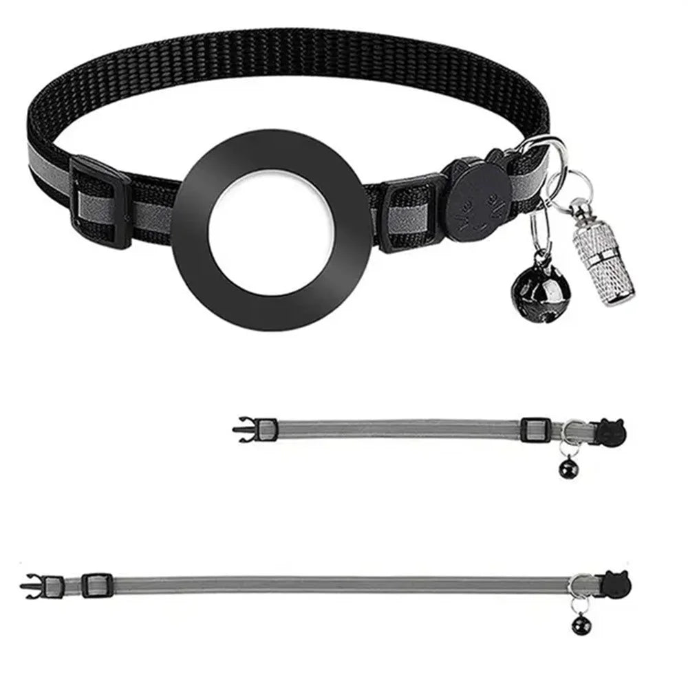 For AirTag Tracker Reflective Pet Collar Silicone Protective Case with ID Address Tag - Black - 6