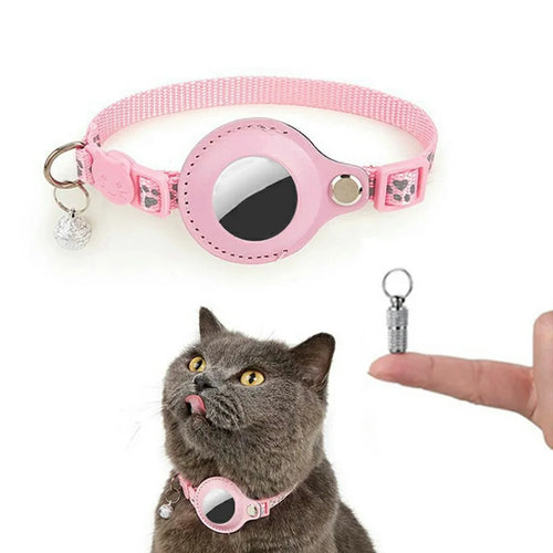 For AirTag Tracker Pet Collar Reflective Paw Print PU Leather Protective Case with ID Address Tag - Pink - 1