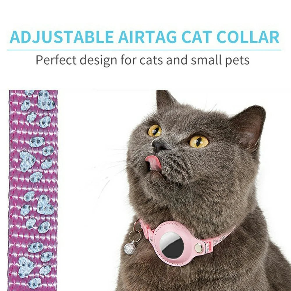 For AirTag Tracker Pet Collar Reflective Paw Print PU Leather Protective Case with ID Address Tag - Pink - 2