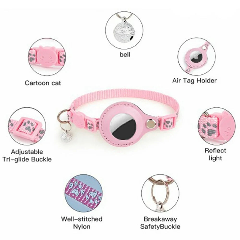 For AirTag Tracker Pet Collar Reflective Paw Print PU Leather Protective Case with ID Address Tag - Pink - 3