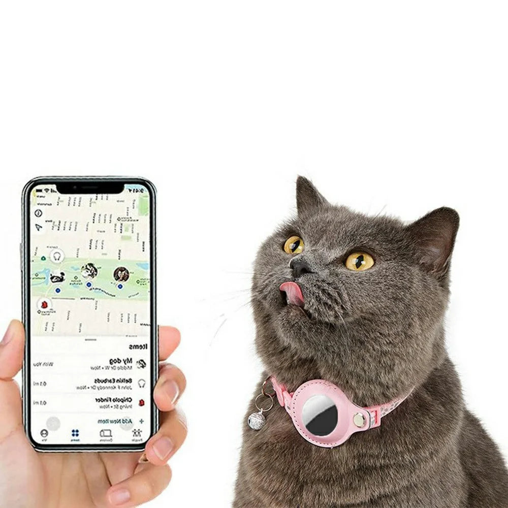 For AirTag Tracker Pet Collar Reflective Paw Print PU Leather Protective Case with ID Address Tag - Pink - 7