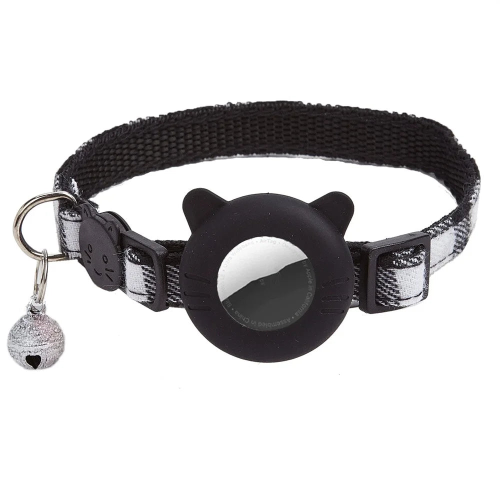 For AirTag Tracker Protector Cat Ear Design Silicone Case Pet Collar with ID Address Tag - Black - 1
