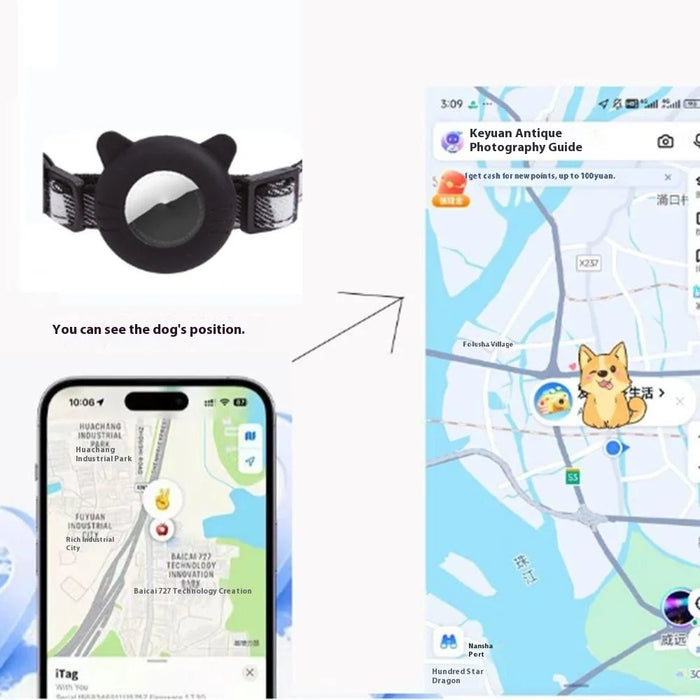 For AirTag Tracker Protector Cat Ear Design Silicone Case Pet Collar with ID Address Tag - Black - 3