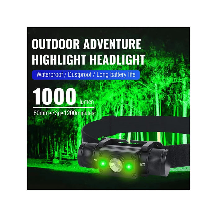 HP300 1000lm Outdoor Waterproof Flashlight USB C Fast Charging Headlamp Built In 2000mAh Lithium Battery - Green Side Light - 5