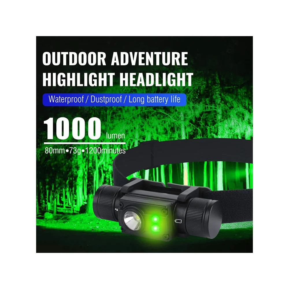HP500 1000lm Flashlight Aluminum Alloy USB C Fast Charging Outdoor Camping Headlamp Built In 2000mAh Lithium Battery - Green Side Light - 5