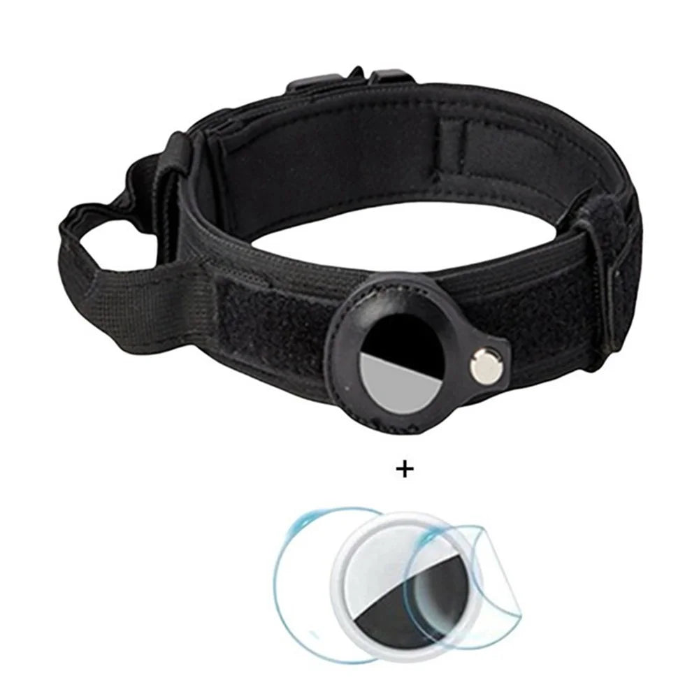 For AirTag Tracker PU Protective Case Hydrogel Film Medium Large Pet Tactical Nylon Collar Set - Black / M - 1